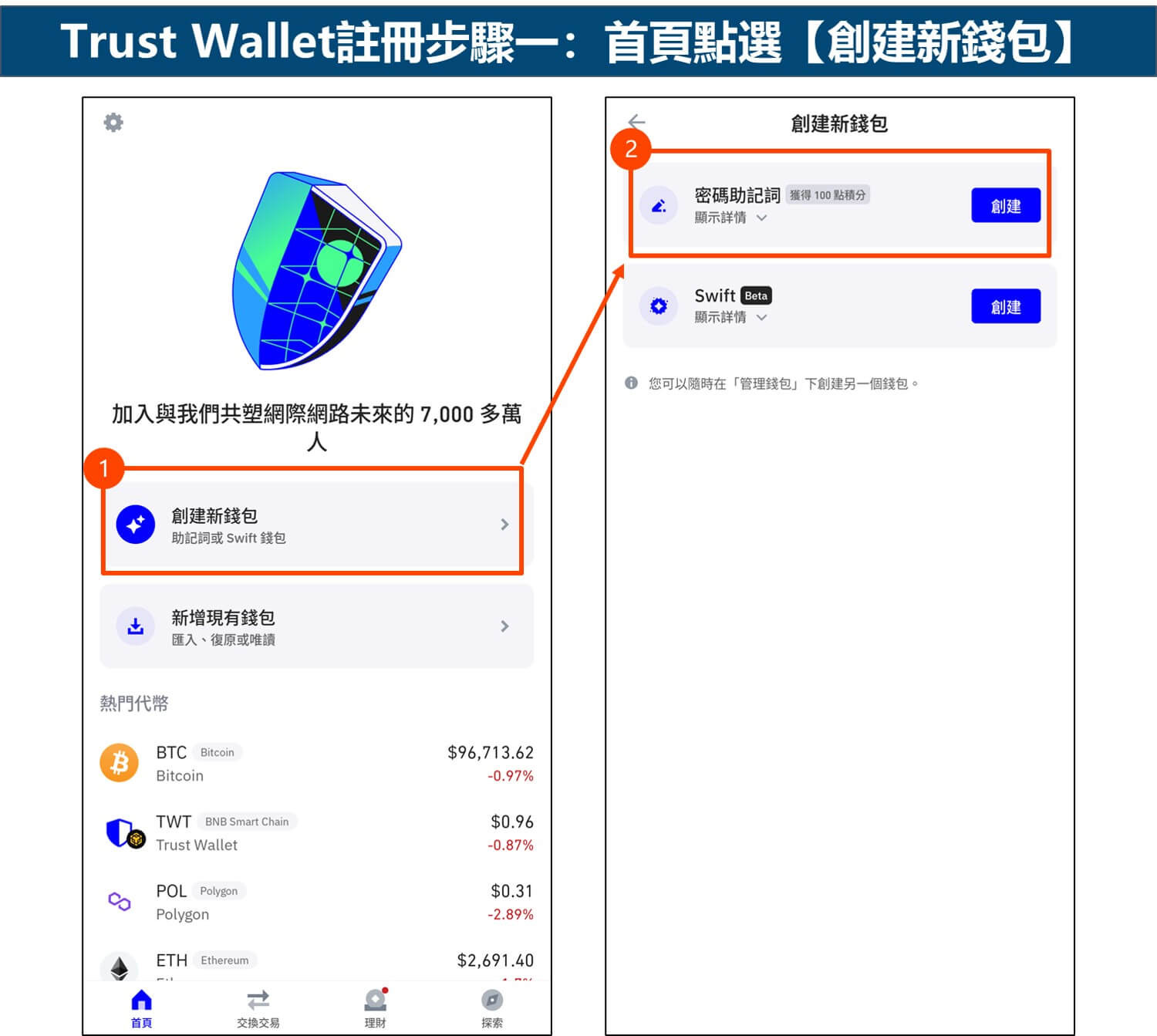 Trust Wallet注册步骤一:首页点选创建新钱包