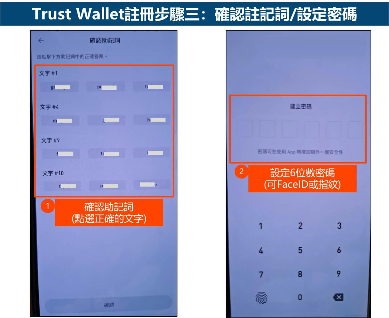 Trust Wallet注册步骤三:确认助记词/设定密码