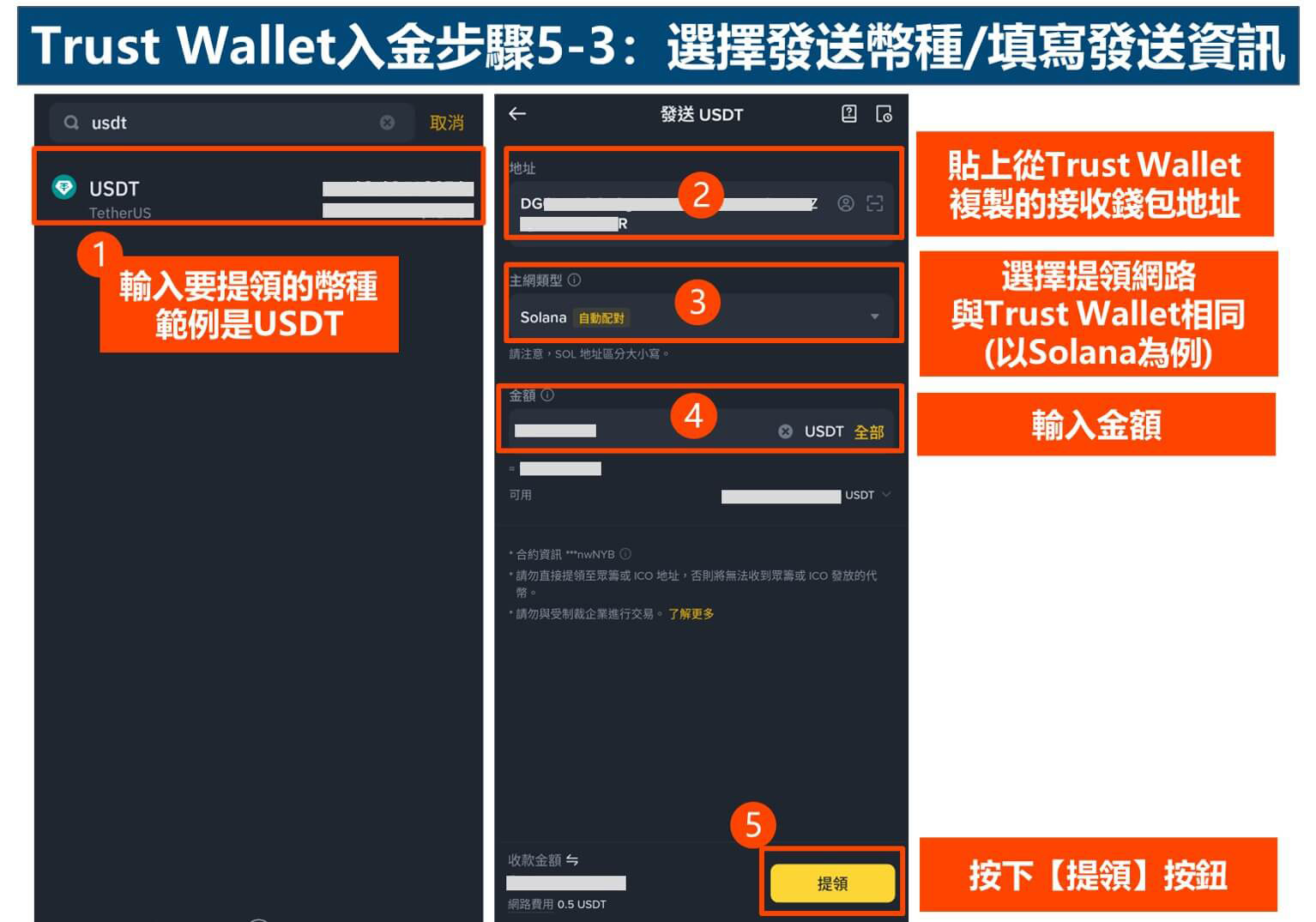 Trust Wallet入金步骤5-3:选择发送币种/填写发送资讯